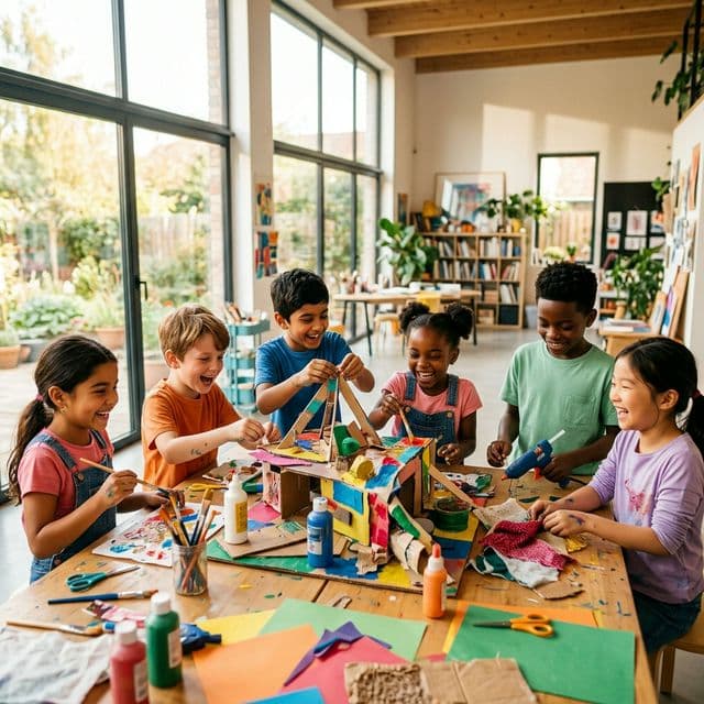 Children collaborating and laughing in a bright educational space